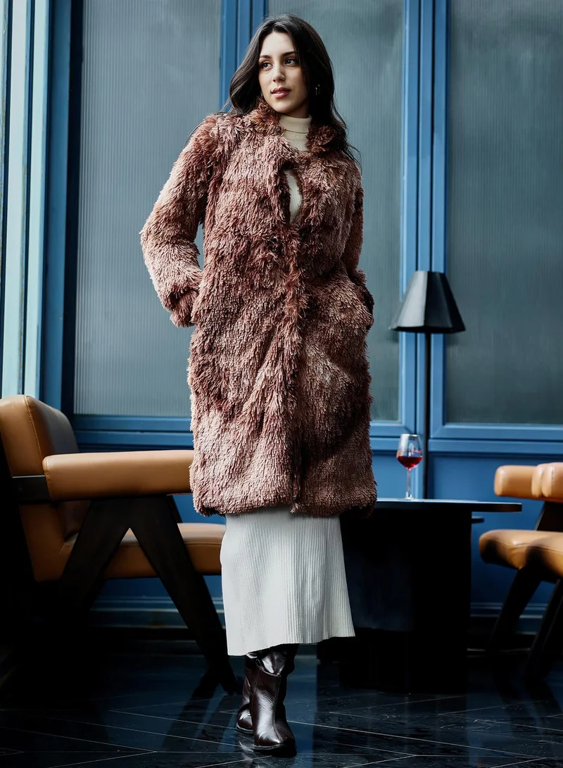 PINACOLADA Women's Dye-Fur Long Coat | Notch Collar , Long Regular Sleeves, Button Closure | Solid Fur Knitted Shirt For Casual & Daily Wear | Chocolate Brown