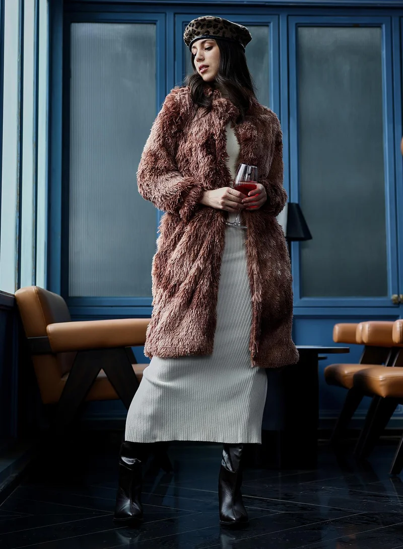 PINACOLADA Women's Dye-Fur Long Coat | Notch Collar , Long Regular Sleeves, Button Closure | Solid Fur Knitted Shirt For Casual & Daily Wear | Chocolate Brown