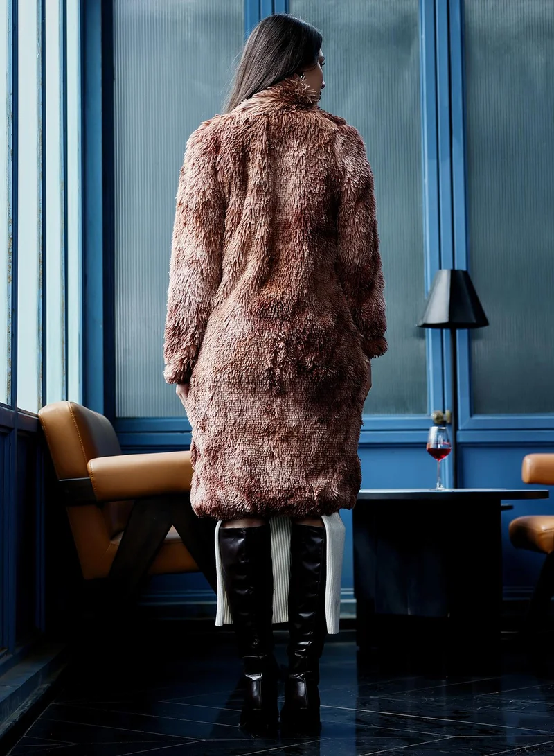 PINACOLADA Women's Dye-Fur Long Coat | Notch Collar , Long Regular Sleeves, Button Closure | Solid Fur Knitted Shirt For Casual & Daily Wear | Chocolate Brown