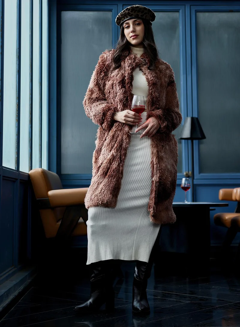 PINACOLADA Women's Dye-Fur Long Coat | Notch Collar , Long Regular Sleeves, Button Closure | Solid Fur Knitted Shirt For Casual & Daily Wear | Chocolate Brown