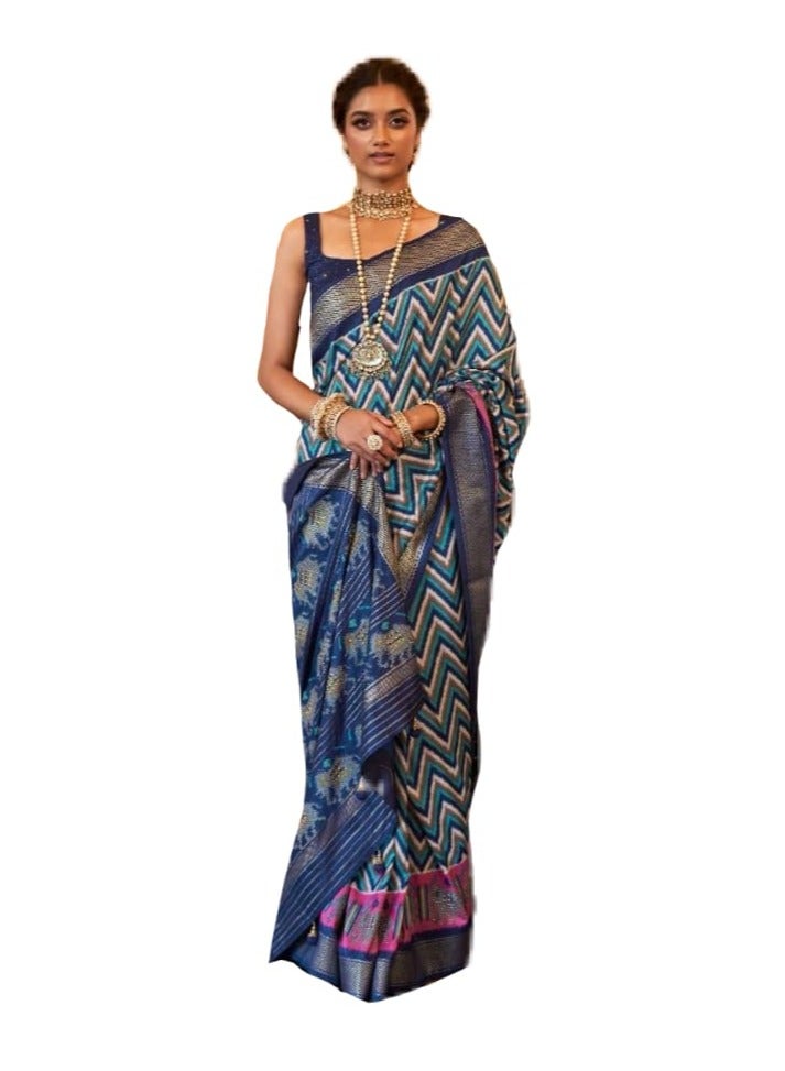 Grab Mantra Blue Patola Print Silk Saree With Border And Unstitched Blouse  - Image 1