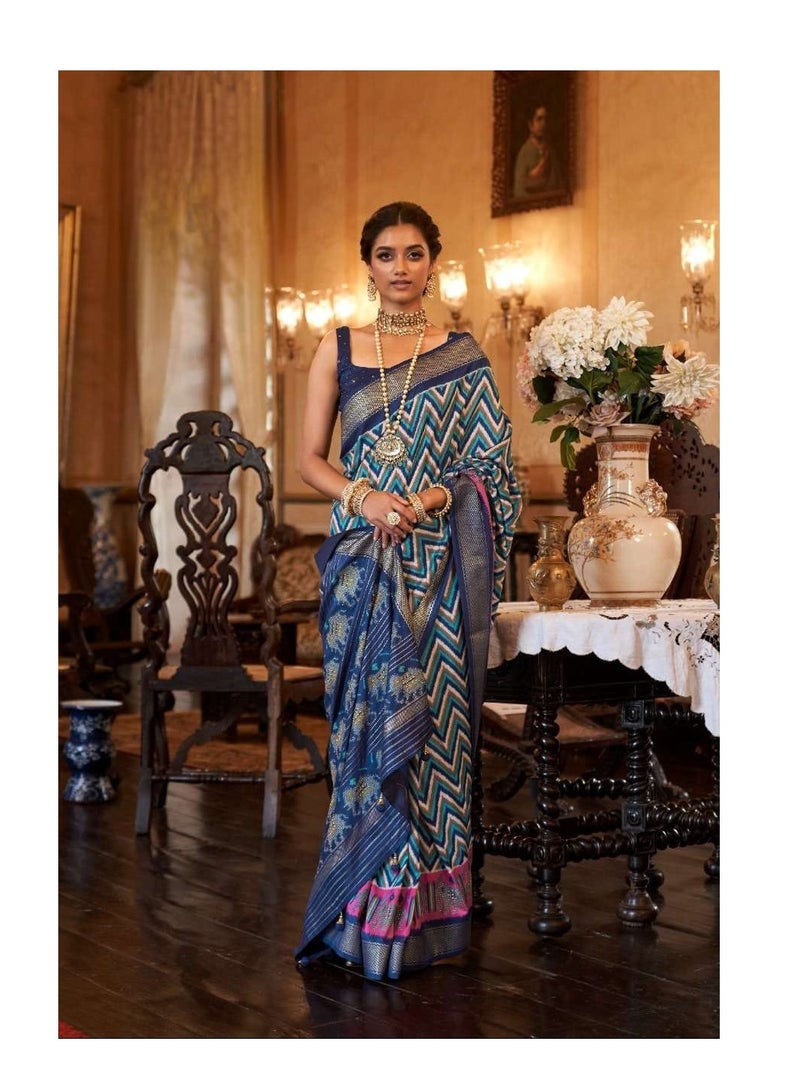 Grab Mantra Blue Patola Print Silk Saree With Border And Unstitched Blouse  - Image 2