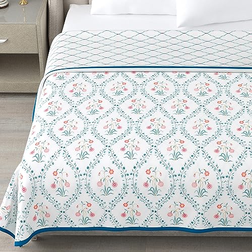 haus & kinder Cotton Dohar for Double Bed Queen Size | Lightweight Summer Blanket AC Dohar | Soft Reversible Cotton Blanket for Bed | Pink Floral Print | 84 x 88 Inches | 144 TC - Image 2