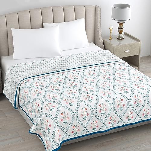 haus & kinder Cotton Dohar for Double Bed Queen Size | Lightweight Summer Blanket AC Dohar | Soft Reversible Cotton Blanket for Bed | Pink Floral Print | 84 x 88 Inches | 144 TC - Image 1