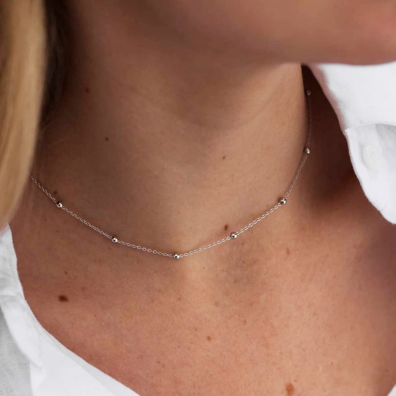 Tewiky Silver Chain Necklace for Women, Dainty Silver Beaded Choker, Everyday Wear, Cute Aesthetic Jewelry - Image 3