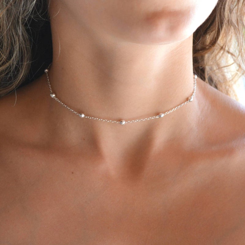 Tewiky Silver Chain Necklace for Women, Dainty Silver Beaded Choker, Everyday Wear, Cute Aesthetic Jewelry - Image 4