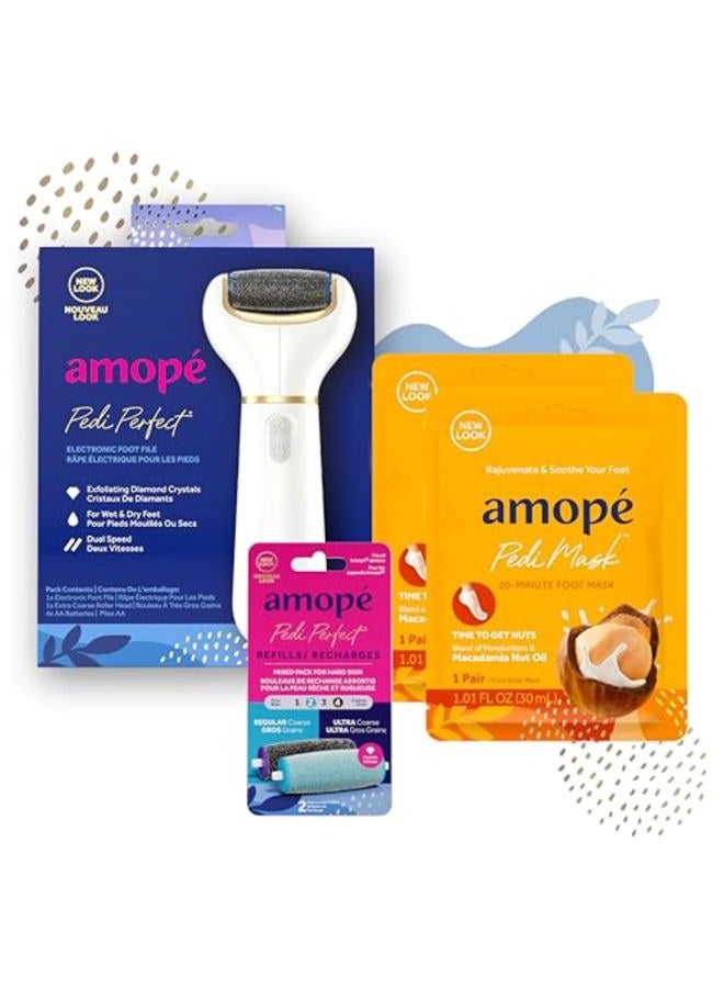 Amope Amopé Pedicure Value Kit, Spa Pampering Pack, Self-Care & Relaxation Gift, contains Pedi Perfect Electric Callus Remover Foot File, 2 Macadamia Oil PediMask Foot Masks, 2 Roller Heads – 4 pieces  - Image 1