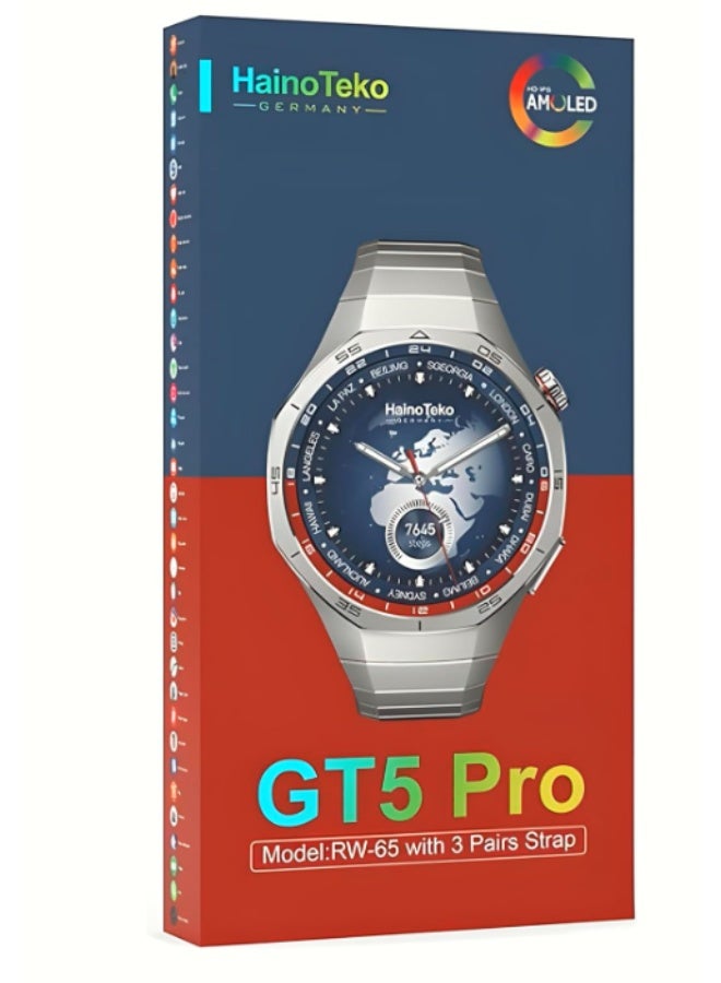 Haino Teko Hainoo Teko germany GT5 Pro Smart Watch RW-65, AMOLED Display, Voice Assistant, 3 Straps, Wireless Charging (Silver) - Image 3