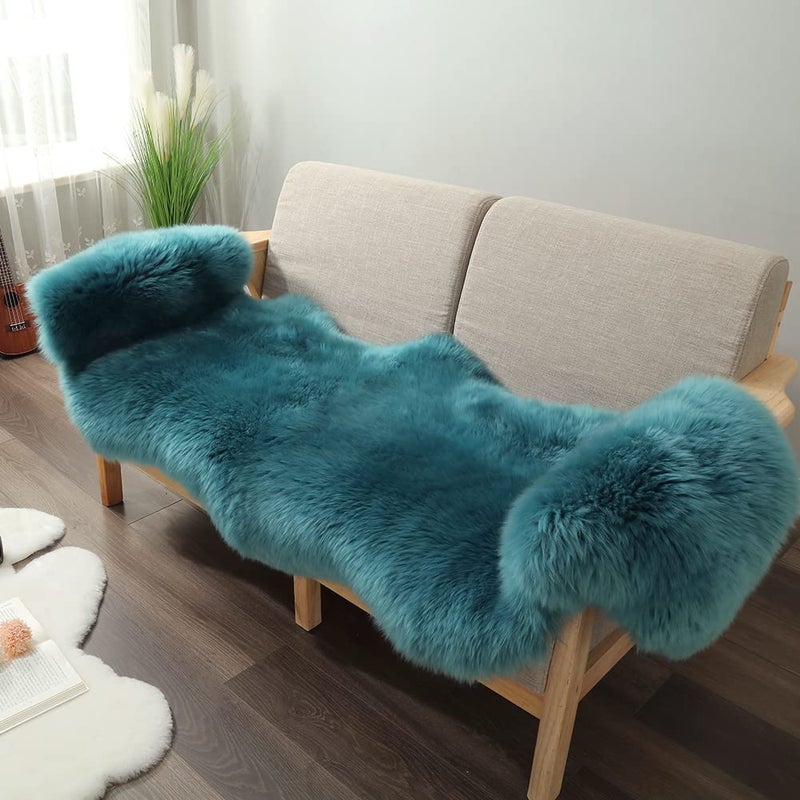 IRIWOOL Premium Genuine Fur Sheepskin Rug Real Australia Sheepskin Natural Luxury Fluffy Lambskin Fur Area Rug Seat Covers for Kids Bedroom Sofa Chair Cover Dark Aquamarine Double Pelt2ft x 6ft