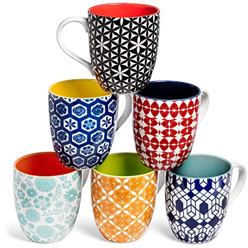 Annovero Large Coffee Mug Set of 6 - Porcelain Cups for Women or Men - Microwave & Dishwasher Safe, Chip Resistant, Zero Lead & Cadmium, for Tea, Cocoa, or Hot Chocolate, 16 Fluid Ounce Capacity - Image 1