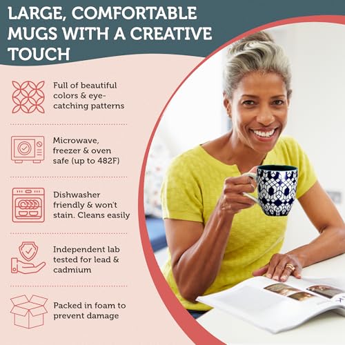 Annovero Large Coffee Mug Set of 6 - Porcelain Cups for Women or Men - Microwave & Dishwasher Safe, Chip Resistant, Zero Lead & Cadmium, for Tea, Cocoa, or Hot Chocolate, 16 Fluid Ounce Capacity - Image 4