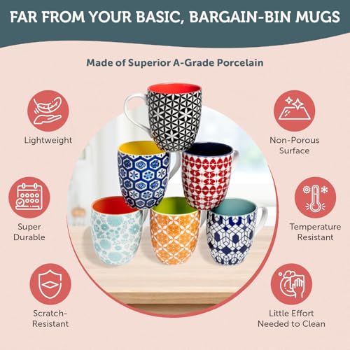Annovero Large Coffee Mug Set of 6 - Porcelain Cups for Women or Men - Microwave & Dishwasher Safe, Chip Resistant, Zero Lead & Cadmium, for Tea, Cocoa, or Hot Chocolate, 16 Fluid Ounce Capacity - Image 5