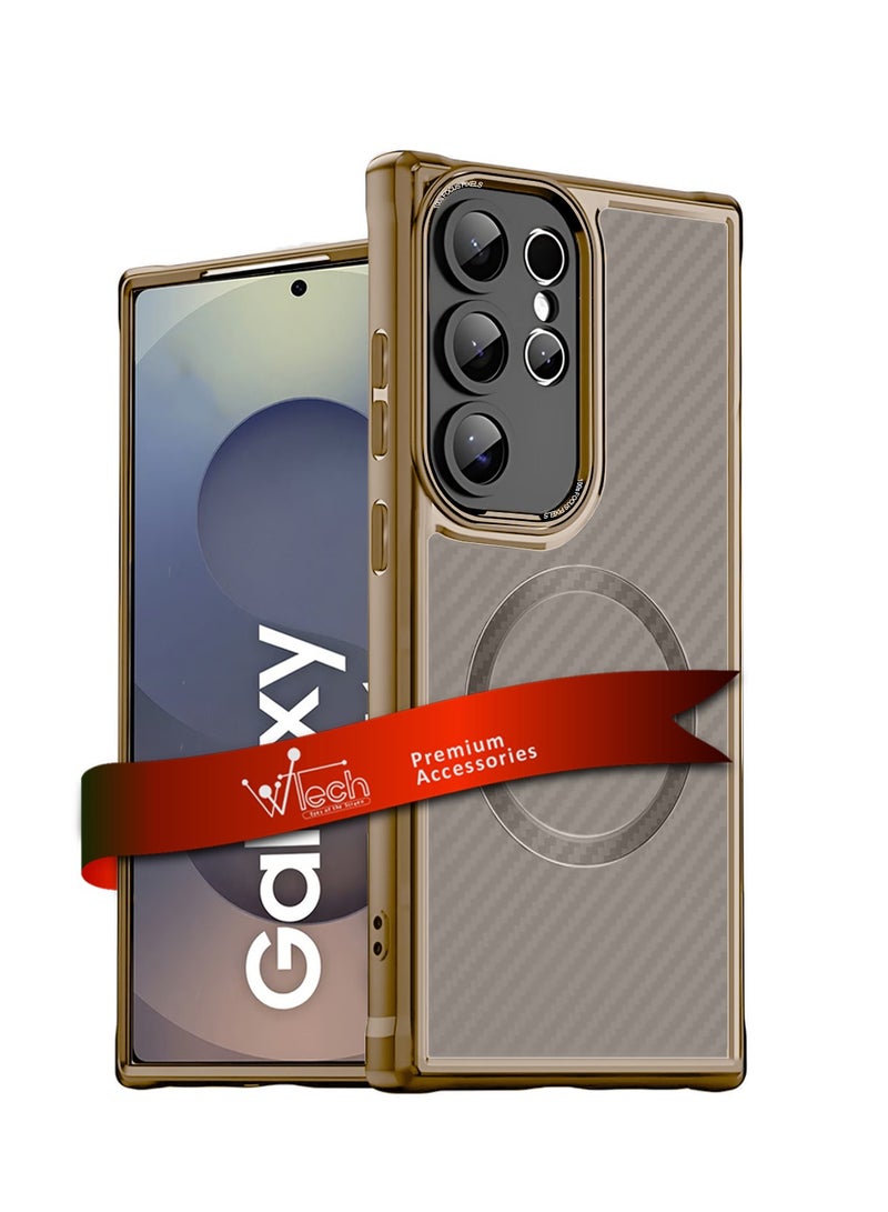 Wtech Samsung Galaxy S25 Ultra 2025 Premium 100S FOCUS PIXELS SERIES Hybrid TPU Carbon Fiber Material with MagSafe Full Drop Protection Case Cover - Brown - Image 1