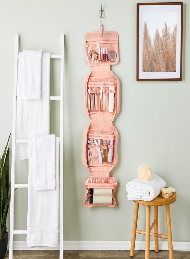 جلامليلي حقيبة أدوات تجميل كبيرة قابلة للطي من Glamlily للنساء، منظم سفر مكياج وردي فاتح مع خطاف على شكل حرف S لمستحضرات التجميل وإكسسوارات الشعر وشفرات الحلاقة (13 × 4.5 × 9.75 بوصة) - Image 2