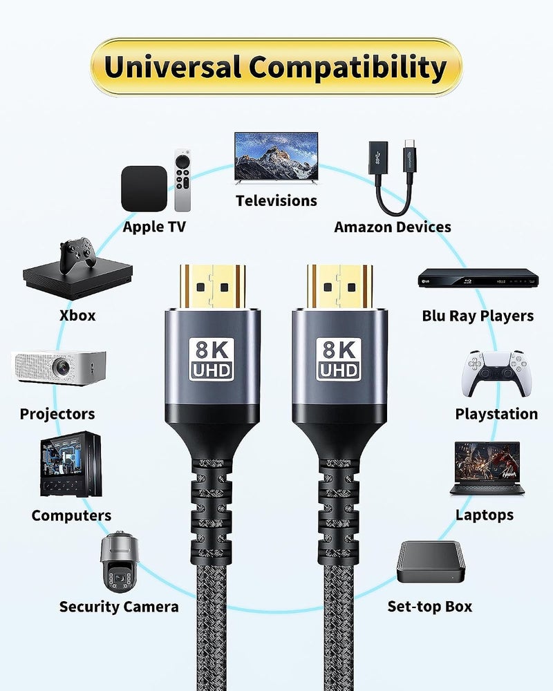 HDMI Cable, 8K 2M 2.1 48Gbps Ultra High-Speed 8k@60Hz Video Cable Wire Cord Braided Compatible with all HDMI devices PC/TV/HDTV/Blu-ray/Game Console - Image 2