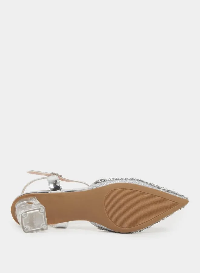 Take Two Silver Silver Embellished Transparent-Heel Sandals for Women | Best Price UAE