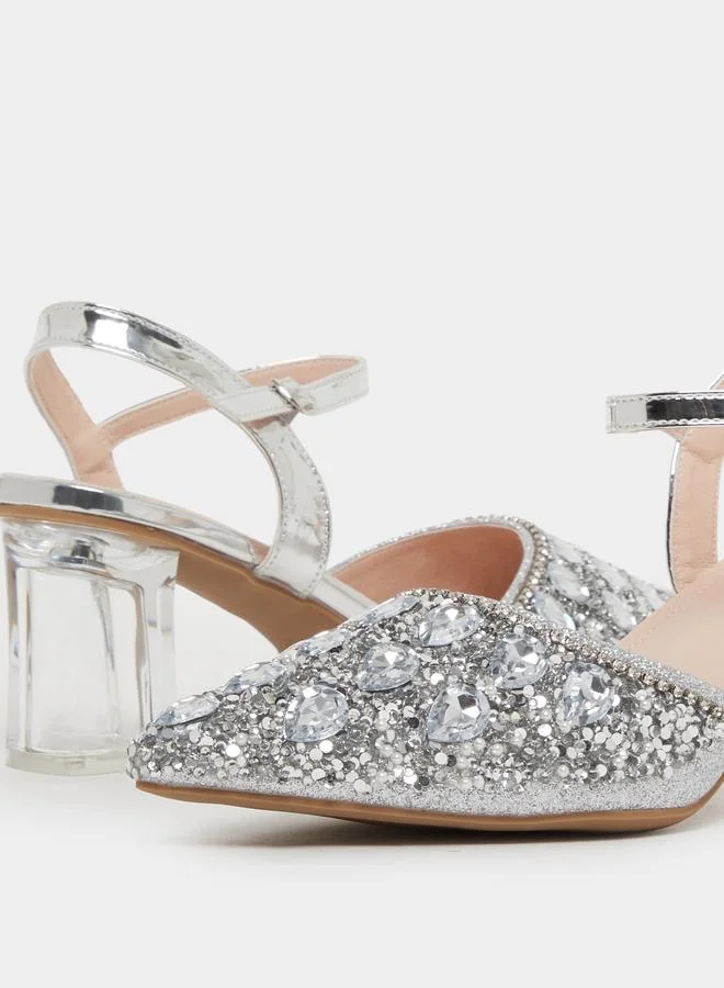 Take Two Silver Embellished Transparent-Heel Sandals