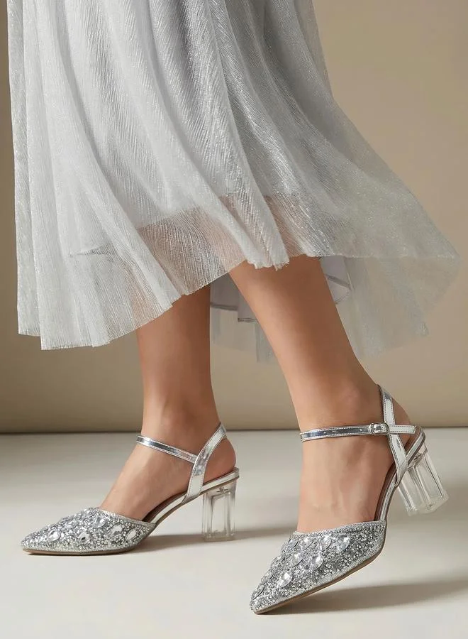 Take Two Silver Silver Embellished Transparent-Heel Sandals for Women | Best Price UAE