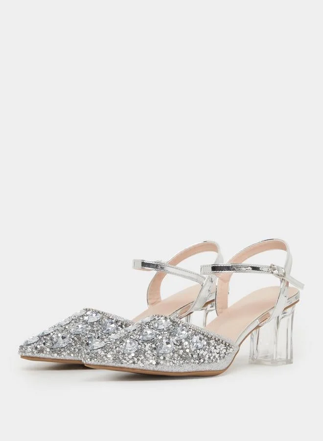Take Two Silver Silver Embellished Transparent-Heel Sandals for Women | Best Price UAE