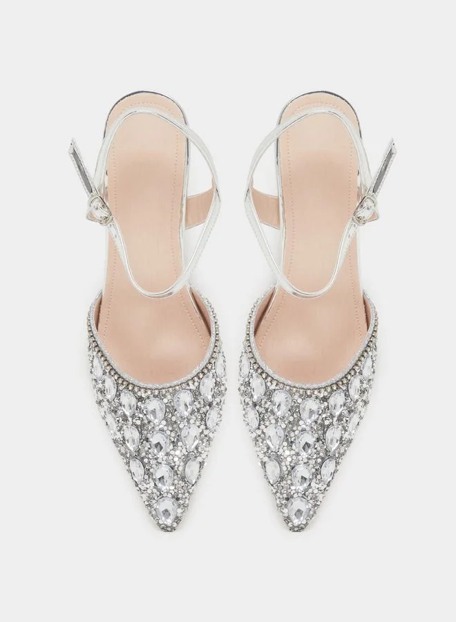 Take Two Silver Silver Embellished Transparent-Heel Sandals for Women | Best Price UAE