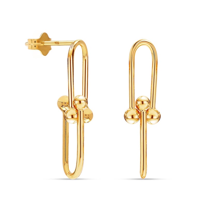 LeCalla 925 Sterling Silver Link Earrings for Women | 14K Gold-Plated U-Shaped Pinball Linked Drop Earrings | Paperclip Link Statement Earrings 25MM - Image 1