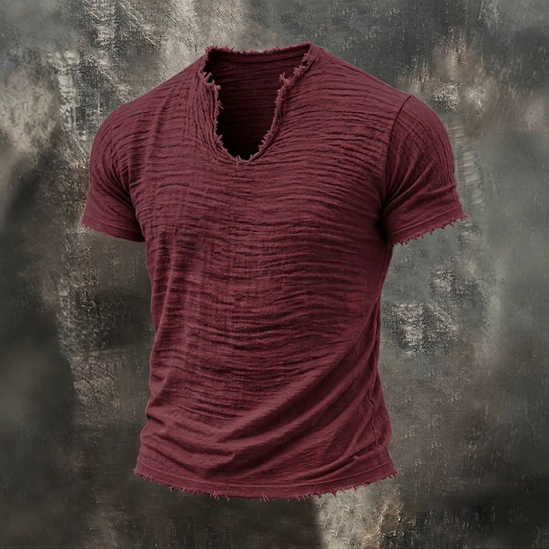 2026 Solid Men's Vintage Cotton Blend V-Neck Short Sleeve T-Shirt - Image 3