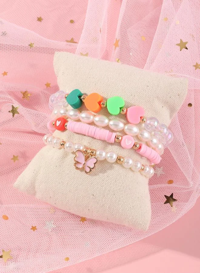 Pack of 4 - Girls Multi-Color Pearl and Heart Charm Bracelets