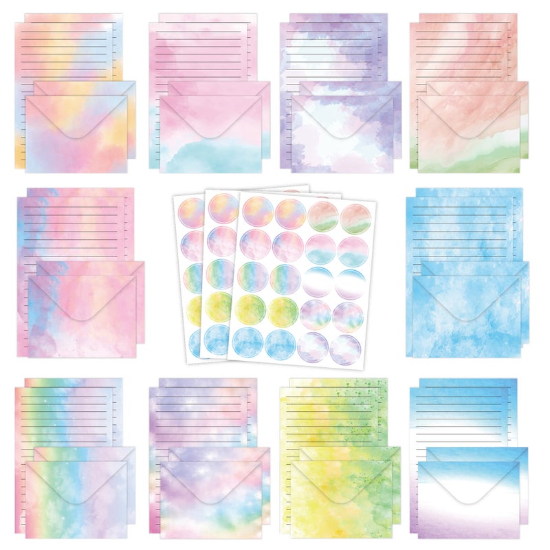 Capstro Watercolor Letter & Envelope Set – 160PCS Pastel Stationery Kit with Decorative Envelopes, Letter Sheets & Seal Stickers for Letters & Gifts – Watercolor Gradient - Image 1