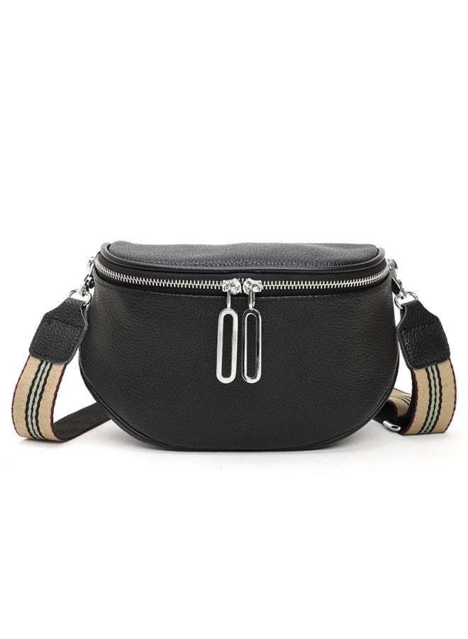 Genuine Leather Women's Bag First Layer Cowhide Saddle Bag Women's Bag 2024 Fashion Casual Chest Bag Shoulder Messenger Bag-Color:Black  - Image 1