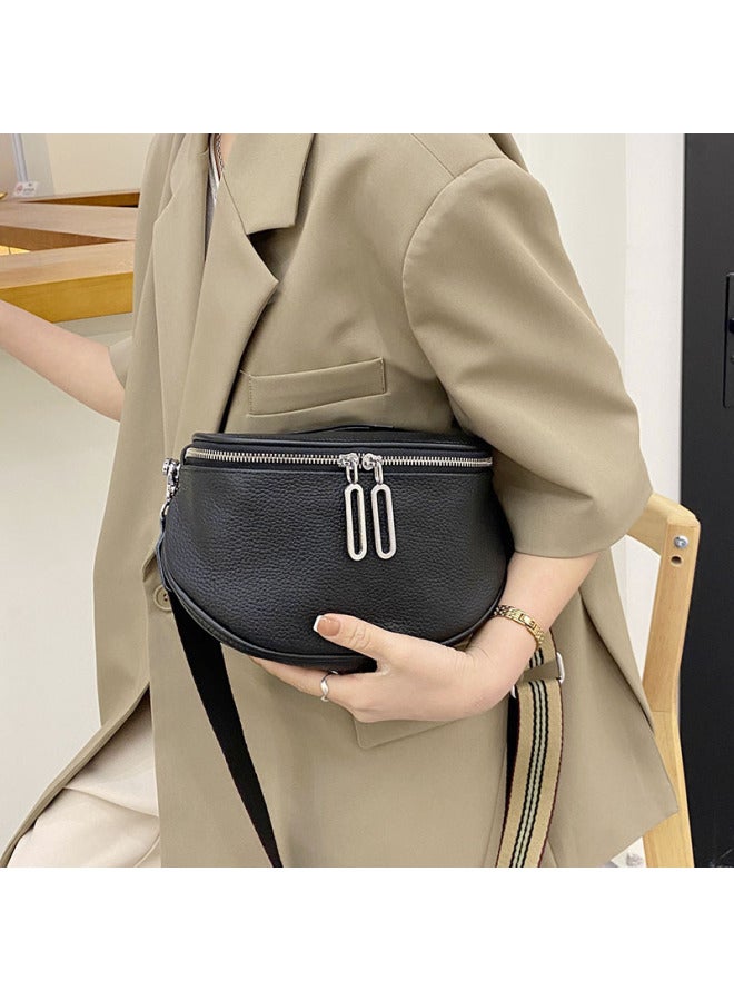 Genuine Leather Women's Bag First Layer Cowhide Saddle Bag Women's Bag 2024 Fashion Casual Chest Bag Shoulder Messenger Bag-Color:Black  - Image 2