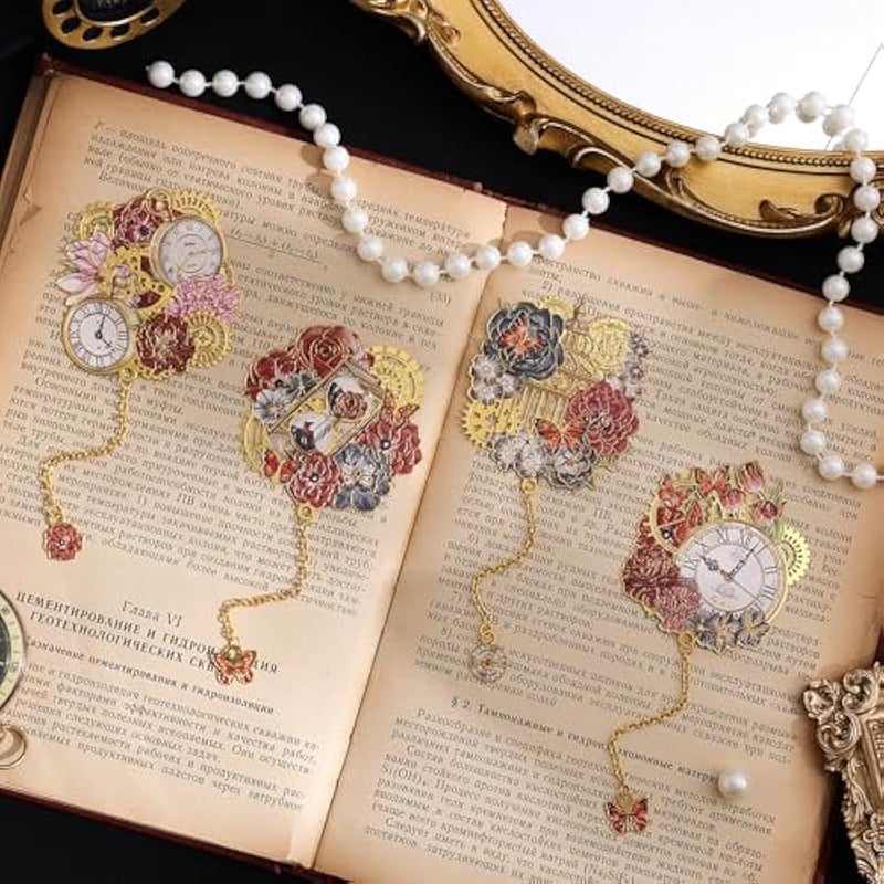 4pcs Vintage Metal Bookmark with Pendant Chain, Retro Steampunk Bookmarks, Flower & Clock Book Marks for Reading Women, Men, Kids, Book Lover, Teachers, Students - Image 3