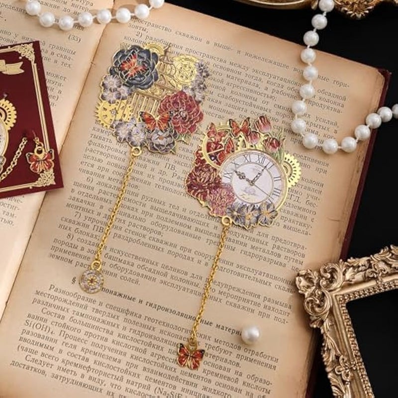 4pcs Vintage Metal Bookmark with Pendant Chain, Retro Steampunk Bookmarks, Flower & Clock Book Marks for Reading Women, Men, Kids, Book Lover, Teachers, Students - Image 4