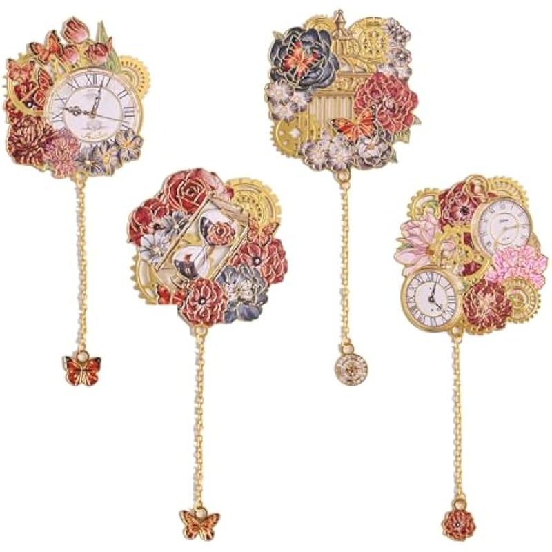 4pcs Vintage Metal Bookmark with Pendant Chain, Retro Steampunk Bookmarks, Flower & Clock Book Marks for Reading Women, Men, Kids, Book Lover, Teachers, Students - Image 1