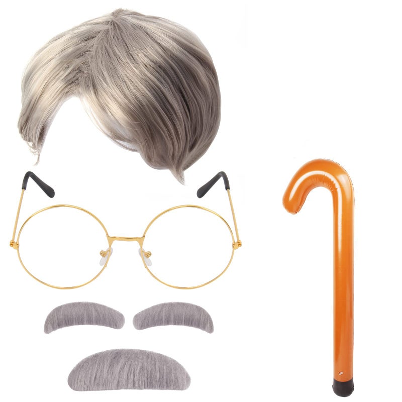 Yewong Old Man Costume Grandpa Accessories Set Old Man Wig and Glasses Inflatable Walking Moustache and Eyebrows for Old Grandpa Cosplay (Set A) - Image 1