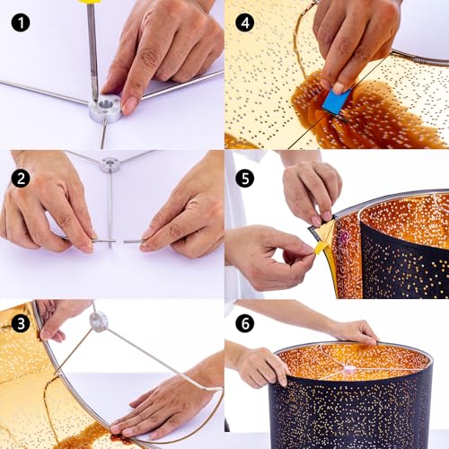 Wellmet Blackgold Drum Lampshades, Easy Assembly Required Replacement Lamp Shades, Fabric Lampshades for Table Lamps Floor Lamps, Metal Spider Fitter, 16"x16"x12" - Image 3