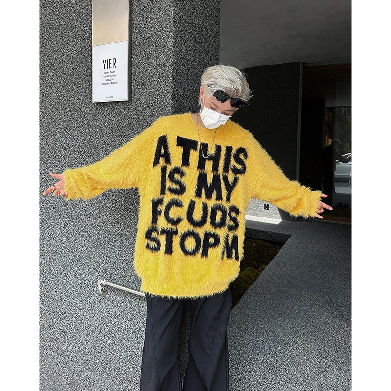 American Letter Couple Sweater Mens and Womens Retro Lazy Style Autumn and Winter Fashion Brand All-match Street Casual Sweater Jacket Yellow  - Image 1