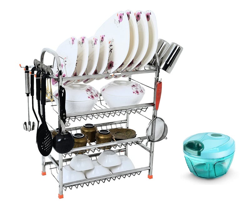 WINSTAR Stainless Steel 4 Shelf Wall Mount Kitchen Utensils Rack with MINI Chopper | Dish Rack with Plate & Cutlery Stand & Plastic Compact Vegetable Chopper (350 ml) | 24x18 in Rack | Combo Offer - Image 1