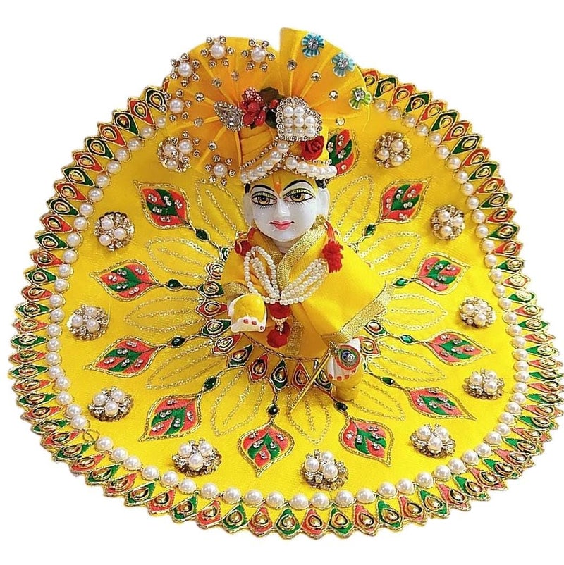 Partish Laddu Gopal Heavy Dress Size 3 with Pagdi, Mala and Bansuri l Ladoo Gopal Dress l Kanha Ji Dress |Thakur Ji Bal Gopal Poshak Size 0 1 2 4 5 6 (D.Yellow) - Image 2