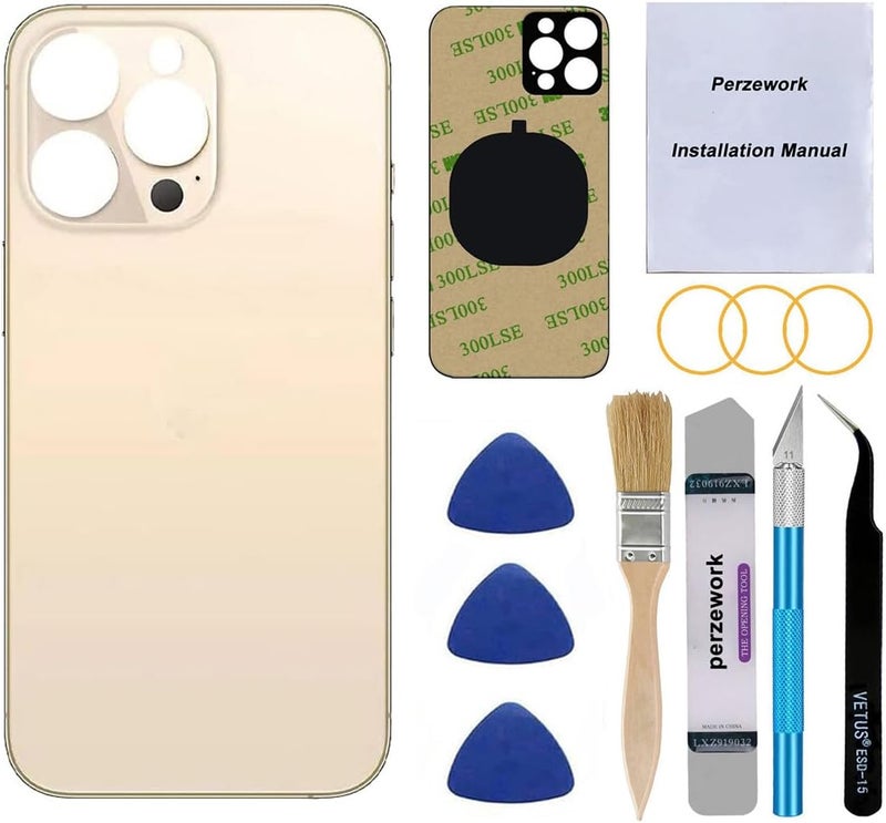 Perzework استبدال زجاج خلفي أصلي لجهاز آيفون 13 برو 6.1 بوصة (ذهبي) لجميع الشبكات مع أدوات الإصلاح - Image 1