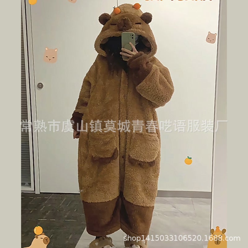 Autumn Winter Men And Women Ugly Fish Peco Donald Duck Thickened War Robe Flannel Home Clothes Nightgown Bathrobe Cosplay - Image 5