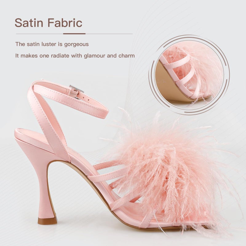 BCTEX COLL Women's Heeled Sandals Fluffy Feather Square Open Toe Ankle Strap Sexy Stiletto High Heels for Wedding Party Dance Evening, Pink, Size 8 - Image 3