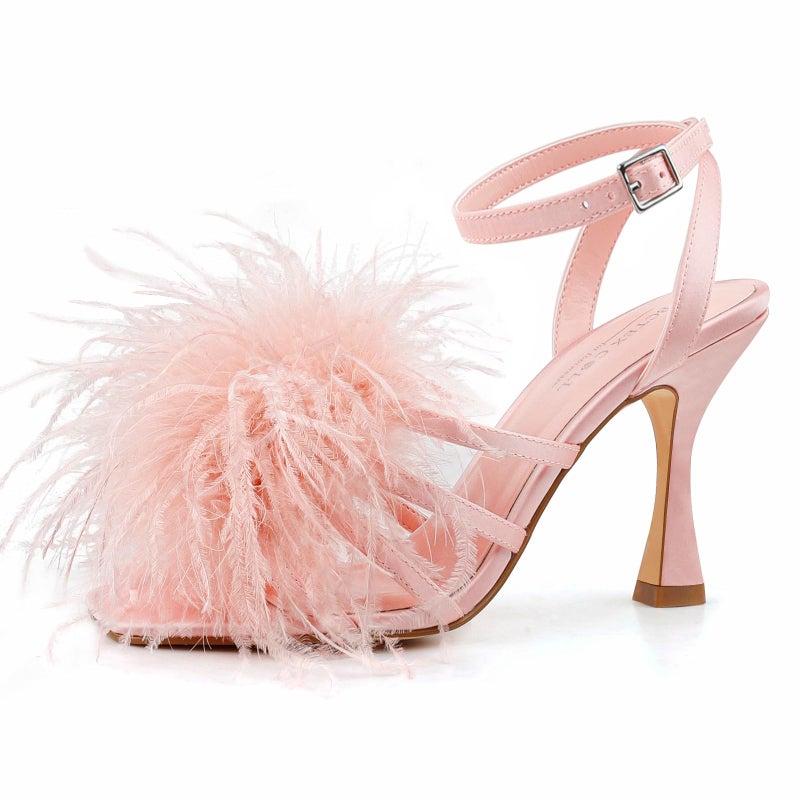 BCTEX COLL Women's Heeled Sandals Fluffy Feather Square Open Toe Ankle Strap Sexy Stiletto High Heels for Wedding Party Dance Evening, Pink, Size 8 - Image 1