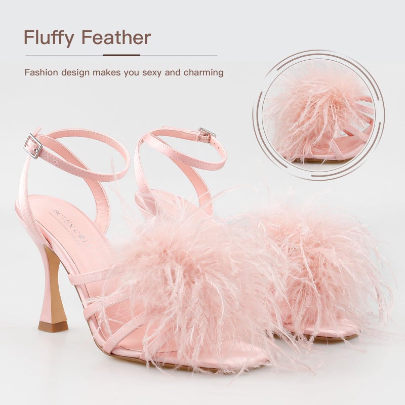 BCTEX COLL Women's Heeled Sandals Fluffy Feather Square Open Toe Ankle Strap Sexy Stiletto High Heels for Wedding Party Dance Evening, Pink, Size 8 - Image 4