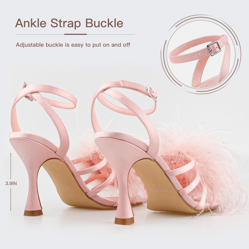 BCTEX COLL Women's Heeled Sandals Fluffy Feather Square Open Toe Ankle Strap Sexy Stiletto High Heels for Wedding Party Dance Evening, Pink, Size 8 - Image 5