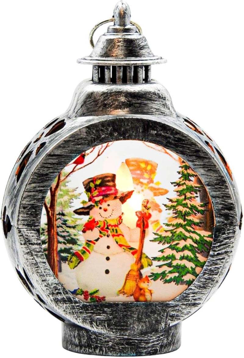 فانوس عيد الميلاد رجل ثلج مع شموع LED - فضي 13 × 8.5 سم