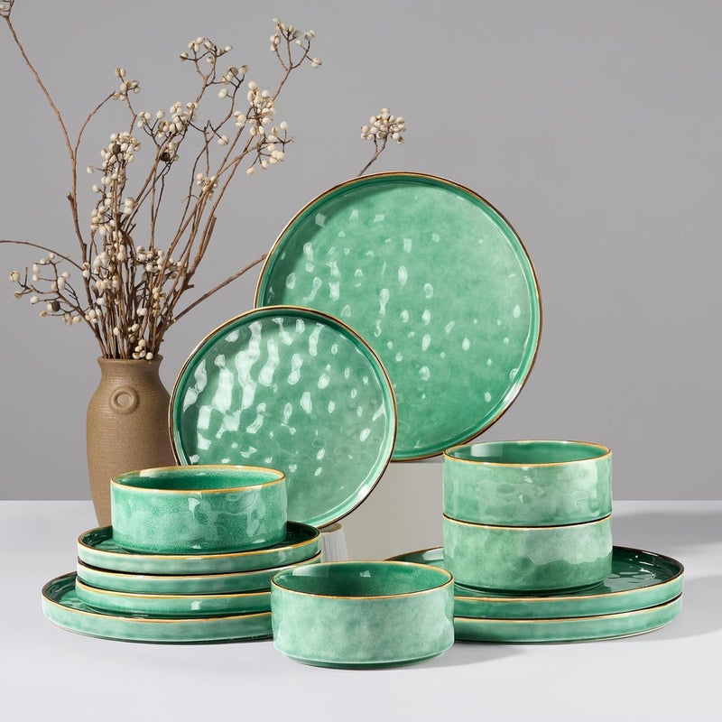 HaWare Dinnerware Sets 12Piece Plates and Bowls Set Stoneware Dish Set for 4 Ceramic Dinnerware for Home Restaurant Chip and Scratch Resistant Microwave and Dishwasher Safe Reactive Green - Image 1