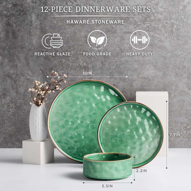 HaWare Dinnerware Sets 12Piece Plates and Bowls Set Stoneware Dish Set for 4 Ceramic Dinnerware for Home Restaurant Chip and Scratch Resistant Microwave and Dishwasher Safe Reactive Green - Image 2