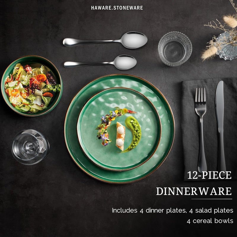 HaWare Dinnerware Sets 12Piece Plates and Bowls Set Stoneware Dish Set for 4 Ceramic Dinnerware for Home Restaurant Chip and Scratch Resistant Microwave and Dishwasher Safe Reactive Green - Image 3