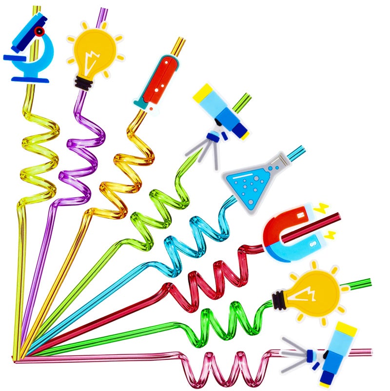 Meaxur 24pcs Science Theme Shaped Straws Reusable Plastic  Drink Cocktail Straws with Cartoon Decorations Kids Mad Scientist Party Supplies Birthday Party Favors - Image 1
