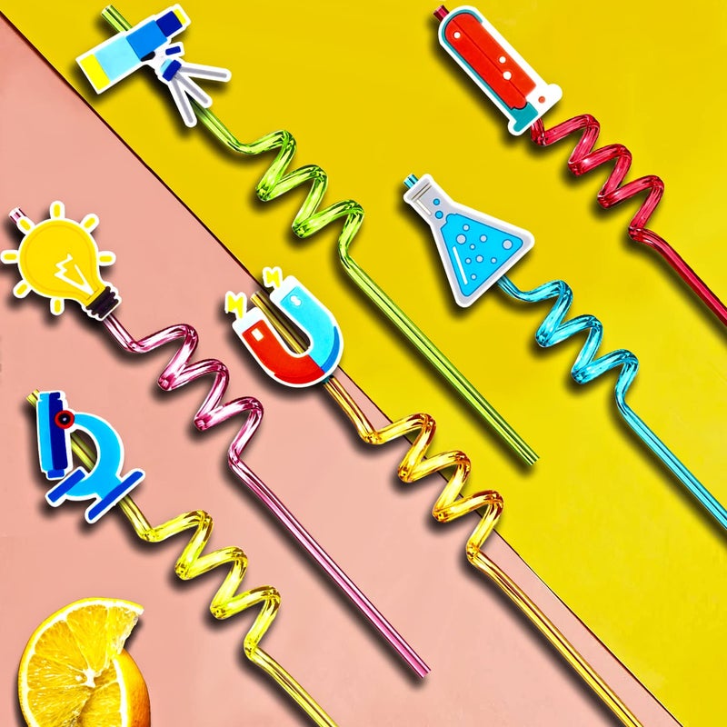 Meaxur 24pcs Science Theme Shaped Straws Reusable Plastic  Drink Cocktail Straws with Cartoon Decorations Kids Mad Scientist Party Supplies Birthday Party Favors - Image 4